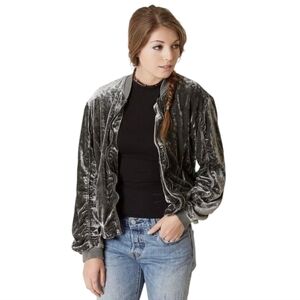 Free People Crushed Velvet Ruched Bomber Jacket Gray XS Textured Zip-Up